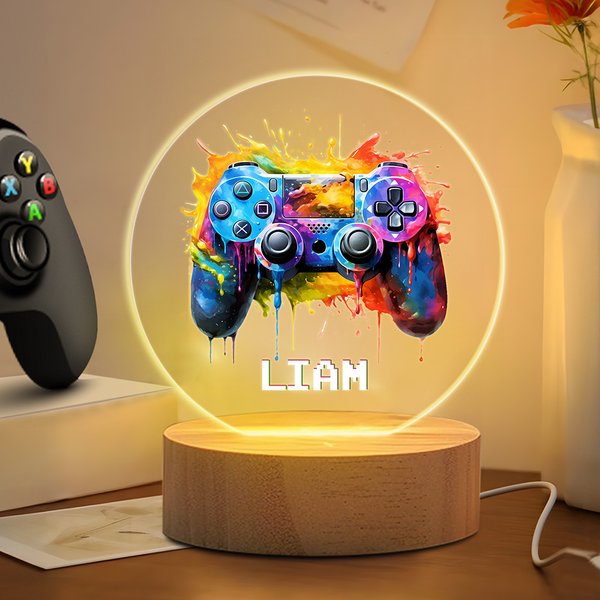 Personalisiertes Buntes Tintenspritzer Gamepad Controller LED-Nachtlicht mit Pixel-Art Namen und Holzsockel Hausdeko Geburtstagsgeschenk für Kinder