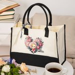 Personalised Cartoon Character Flower Heart Floral Canvas Tote Bag with Name and Handle Travel Essentials Valentine's Day Birthday Gift for Women