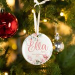 Personalized Pink Flowers Ceramic Ornament with Name Christmas Tree Decor First Christmas Gift for Baby Girl