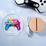 Personalised Colourful Splash Ink Gamepad Controller LED Night Light with Pixel Name and Wooden Base Home Decor Birthday Gift for Kids