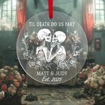 Spersonalizowana przezroczysta ozdoba akrylowa Til Death Do Us Part Kissing Skeletons z imionami i rokiem Gothic Home Decor Halloween Anniversary Gift for Couple