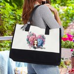 Personalised Cartoon Character Flower Heart Floral Canvas Tote Bag with Name and Handle Travel Essentials Valentine's Day Birthday Gift for Women