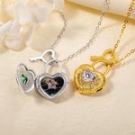 Personalised Love Lock Photo Locket Necklace with Heart Birthstone and Key Charm Dainty Jewellery Birthday Anniversary Gift for Women