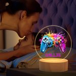 Personalised Colourful Splash Ink Gamepad Controller LED Night Light with Pixel Name and Wooden Base Home Decor Birthday Gift for Kids