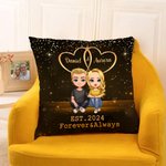 Personalised Starry Double Heart Cartoon Character Throw Pillow Cover with Name and Year Home Decor Valentine's Day Anniversary Gift for Couple