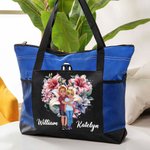 Personalised Cartoon Hugging Couple Heart Shaped Flower Large Canvas Tote Bag with Mesh Valentine's Day Anniversary Gift for Couple
