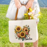 Personalised Rose Sunflower Floral Heart Wreath Canvas Tote Bag with Name and Leather Handle Birthday Valentine's Day Bridesmaid Gift for Women