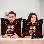Personalised Starry Double Heart Cartoon Character Throw Pillow Cover with Name and Year Home Decor Valentine's Day Anniversary Gift for Couple