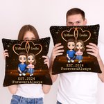 Personalised Starry Double Heart Cartoon Character Throw Pillow Cover with Name and Year Home Decor Valentine's Day Anniversary Gift for Couple