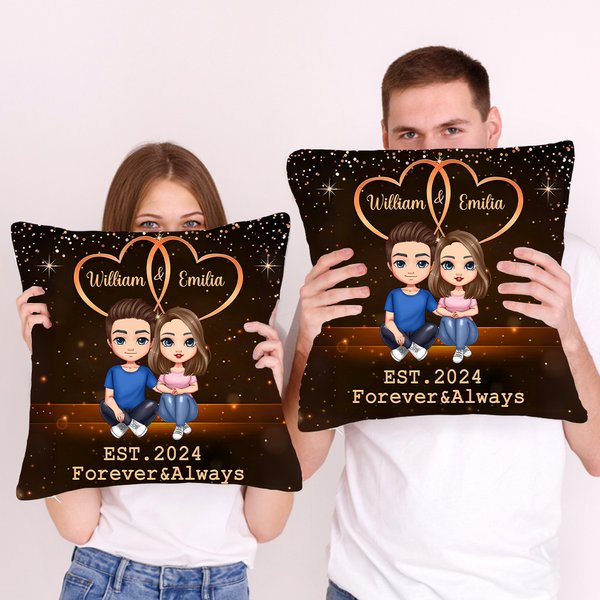 Personalised Starry Double Heart Cartoon Character Throw Pillow Cover with Name and Year Home Decor Valentine's Day Anniversary Gift for Couple