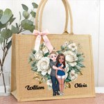 Personalised Flower Heart Cartoon Couple Reusable Jute Tote Bag with Handle Valentine's Day Wedding Gift for Couples