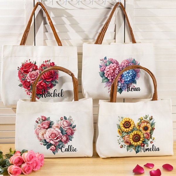 Personalisierte Rose Sunflower Floral Heart Wreath Canvas Tragetasche mit Namen und Ledergriff Geburtstag Valentinstag Brautjungfer Geschenk für Fraue