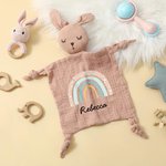 Personalisierte niedliche Hase Bär Löwe weiche Baumwolle Lovey Tier Baby Sicherheit Decke mit Regenbogen und Name Geburtstag Baby Dusche Geschenk für Neugeborene