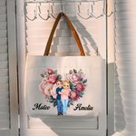 Personalised Flower Heart Cartoon Couples Canvas Tote Bag with Leather Handle Valentine's Day Anniversary Gift for Couples