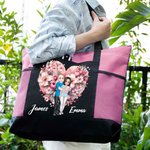 Personalised Cartoon Hugging Couple Heart Shaped Flower Large Canvas Tote Bag with Mesh Valentine's Day Anniversary Gift for Couple