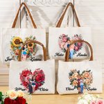 Personalised Flower Heart Cartoon Couples Canvas Tote Bag with Leather Handle Valentine's Day Anniversary Gift for Couples