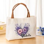 Personalised Rose Sunflower Floral Heart Wreath Canvas Tote Bag with Name and Leather Handle Birthday Valentine's Day Bridesmaid Gift for Women