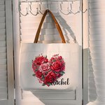 Personalised Rose Sunflower Floral Heart Wreath Canvas Tote Bag with Name and Leather Handle Birthday Valentine's Day Bridesmaid Gift for Women