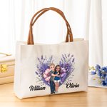 Personalised Flower Heart Cartoon Couples Canvas Tote Bag with Leather Handle Valentine's Day Anniversary Gift for Couples