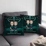 Personalised Starry Double Heart Cartoon Character Throw Pillow Cover with Name and Year Home Decor Valentine's Day Anniversary Gift for Couple