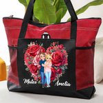 Personalised Cartoon Hugging Couple Heart Shaped Flower Large Canvas Tote Bag with Mesh Valentine's Day Anniversary Gift for Couple