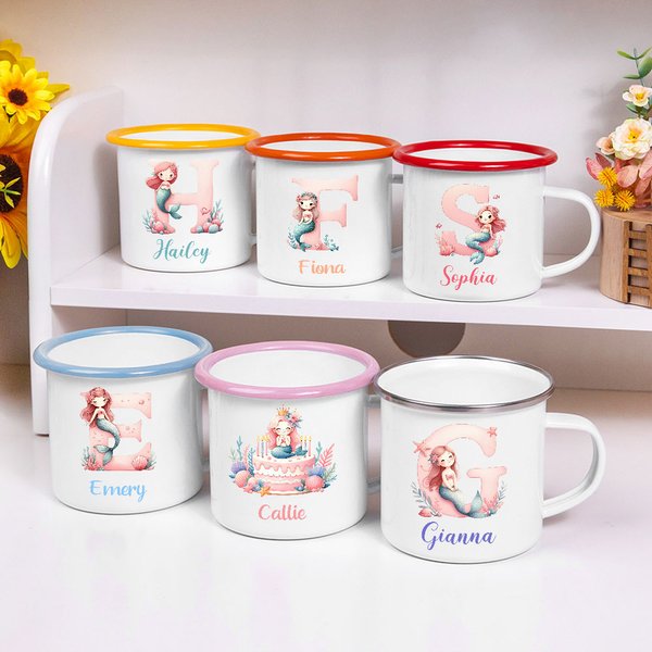 Personalized Fantasy Mermaid Initial Number 12oz Enamel Cup with Name Birthday Gift for Daughter Girl