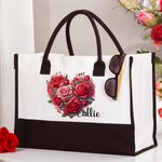 Personalised Floral Heart Black and White Canvas Large Tote Bag with Name Valentine's Day Birthday Anniversary Gift for Women