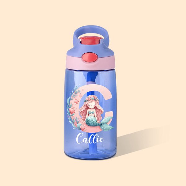 Personalisierte Fantasie Meerjungfrau Initiale 475 ml Wasserflasche mit Strohhalm Auslaufsicherer Deckel Geburtstag Geschenk für Mädchen