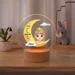 Personalized I Love You To The Moon Dreamy Cartoon Girl Boy LED Night Light with Wooden Base and Name Nursery Room Decor Birthday Gift for Kids