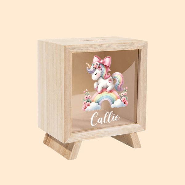 Gepersonaliseerde Regenboog Bloemen Fantasie Eenhoorn Houten Spaarpot Spaarvarken met Naam Decoratie Verjaardag Baby Shower Gift voor Meisjes