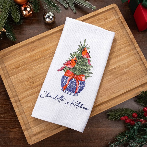 Personalized Chinese-style Blue And White Porcelain Cardinal Christmas Tree Waffle Tea Towel with Text Kitchen Decor Holiday Gift for Family Friend