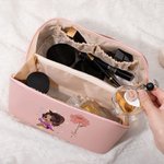 Personalised Cartoon Character Birth Flower Leather Makeup Bag with Name Portable Travel Accessories Wedding Birthday Gift for Women Girls