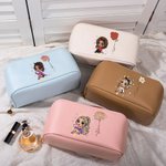 Personalised Cartoon Character Birth Flower Leather Makeup Bag with Name Portable Travel Accessories Wedding Birthday Gift for Women Girls