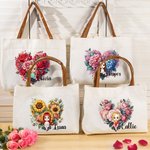 Personalised Cartoon Charact Flower Canvas Tote Bag with Leather Handle and Name Travel Accessories Wedding Valentine's Day Gift for Women Girls