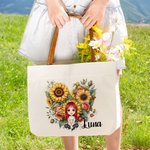 Personalised Cartoon Charact Flower Canvas Tote Bag with Leather Handle and Name Travel Accessories Wedding Valentine's Day Gift for Women Girls