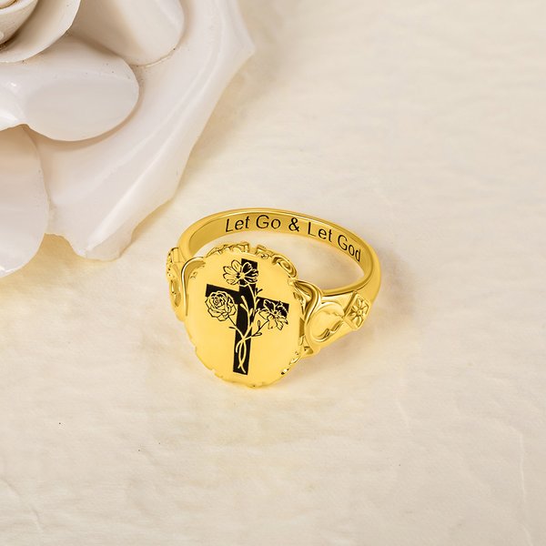 Personalised Engraved Let Go And Let God Cross Signet Ring with Birth Flower Bouquet Christian Jewellery Baptism Mother's Day Gift for Women