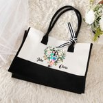 Personalised Floral Heart Wreath Cartoon Hugging Couple Large Canvas Tote Bag with Name Valentine's Day Anniversary Birthday Gift for Couple