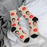Personalized Multicolor Portrait Photo Red Lip Print Design Tube Socks Valentine's Day Anniversary Gift for Couple