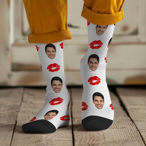 Personalised Multicolour Portrait Photo Red Lip Print Design Tube Socks Valentine's Day Anniversary Gift for Couple