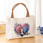 Personalised Cartoon Charact Flower Canvas Tote Bag with Leather Handle and Name Travel Accessories Wedding Valentine's Day Gift for Women Girls