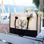 Personalised Floral Heart Wreath Cartoon Hugging Couple Large Canvas Tote Bag with Name Valentine's Day Anniversary Birthday Gift for Couple