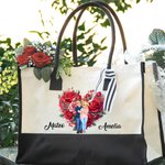 Personalised Floral Heart Wreath Cartoon Hugging Couple Large Canvas Tote Bag with Name Valentine's Day Anniversary Birthday Gift for Couple