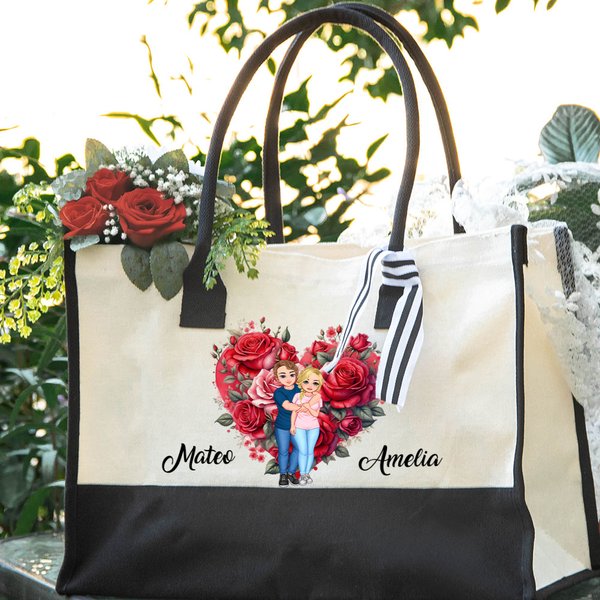 Personalized Floral Heart Wreath Cartoon Hugging Couple Large Canvas Tote Bag with Name Valentine's Day Anniversary Birthday Gift for Couple