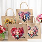 Personalised Heart-shape Flower Cartoon Character Jute Tote Bag with Name Valentine's Day Gift for Friend Family