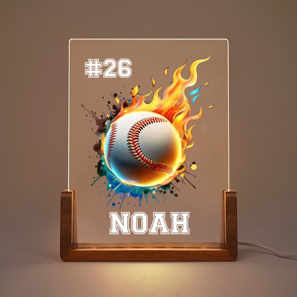 Spersonalizowana lampka nocna LED Flame Baseball Basketball z imieniem, numerem i drewnianą podstawą Dekoracja sypialni Prezent urodzinowy dla dzieci Miłośnicy sportu