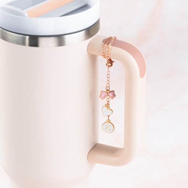 Personalized Pink Bow Heart Initial Water Bottle Handle Charm for Stanley Style Tumbler Valentine's Day Birthday Gift for Girls Women