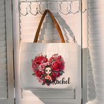 Personalised Cartoon Charact Flower Canvas Tote Bag with Leather Handle and Name Travel Accessories Wedding Valentine's Day Gift for Women Girls