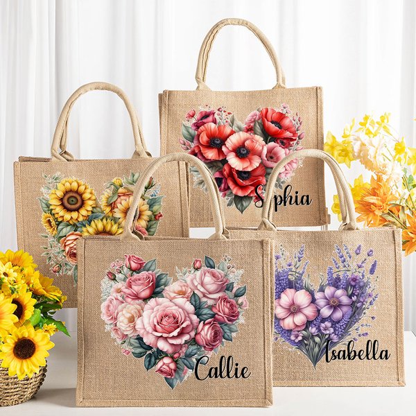 Personalized Heart Flower Reusable Jute Tote Bag with Name Travel Accessories Valentine's Day Anniversary Gift for Women Girls