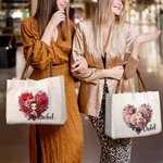 Personalised Cartoon Charact Flower Canvas Tote Bag with Leather Handle and Name Travel Accessories Wedding Valentine's Day Gift for Women Girls