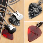 Personalised Guitar and Guitar Pick Pendant Necklace with Engraved Text Music Accessory Gift for Guitar Player Music Lovers